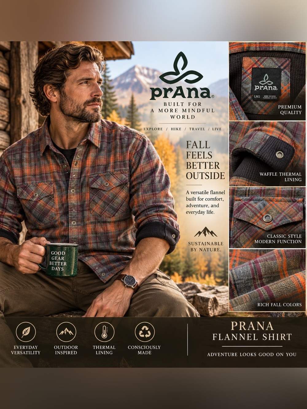 Prana Men's Plaid Flannel Shirt - Orange, Brown, Green